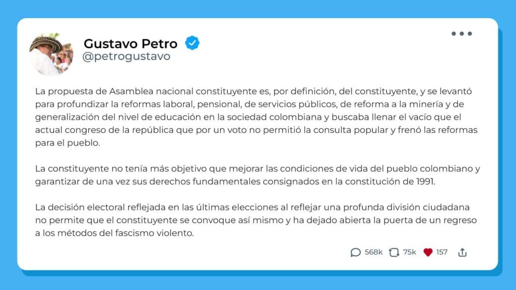 Ahora | Se cae propuesta de Constituyente apoyada por Petro tras elecciones presidenciales: comité retira proyecto
