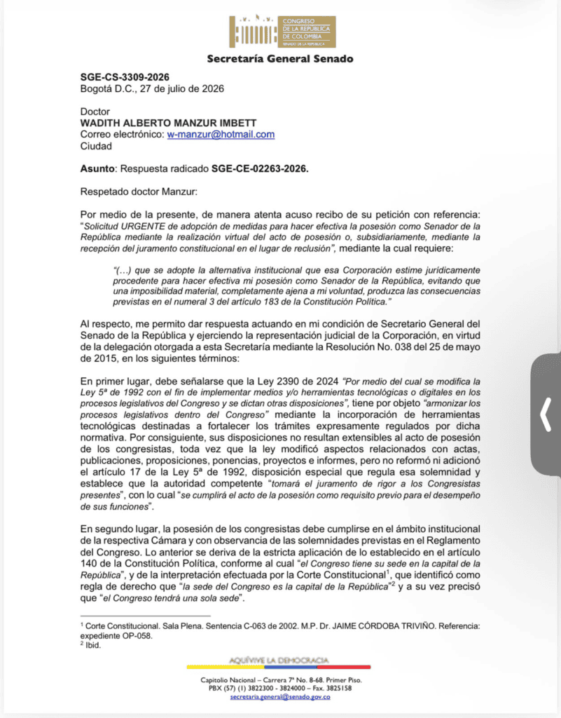 Senado descarta posesión virtual de Wadith Manzur y deja decisión en manos del Consejo de Estado Carta a Wadith Manzur