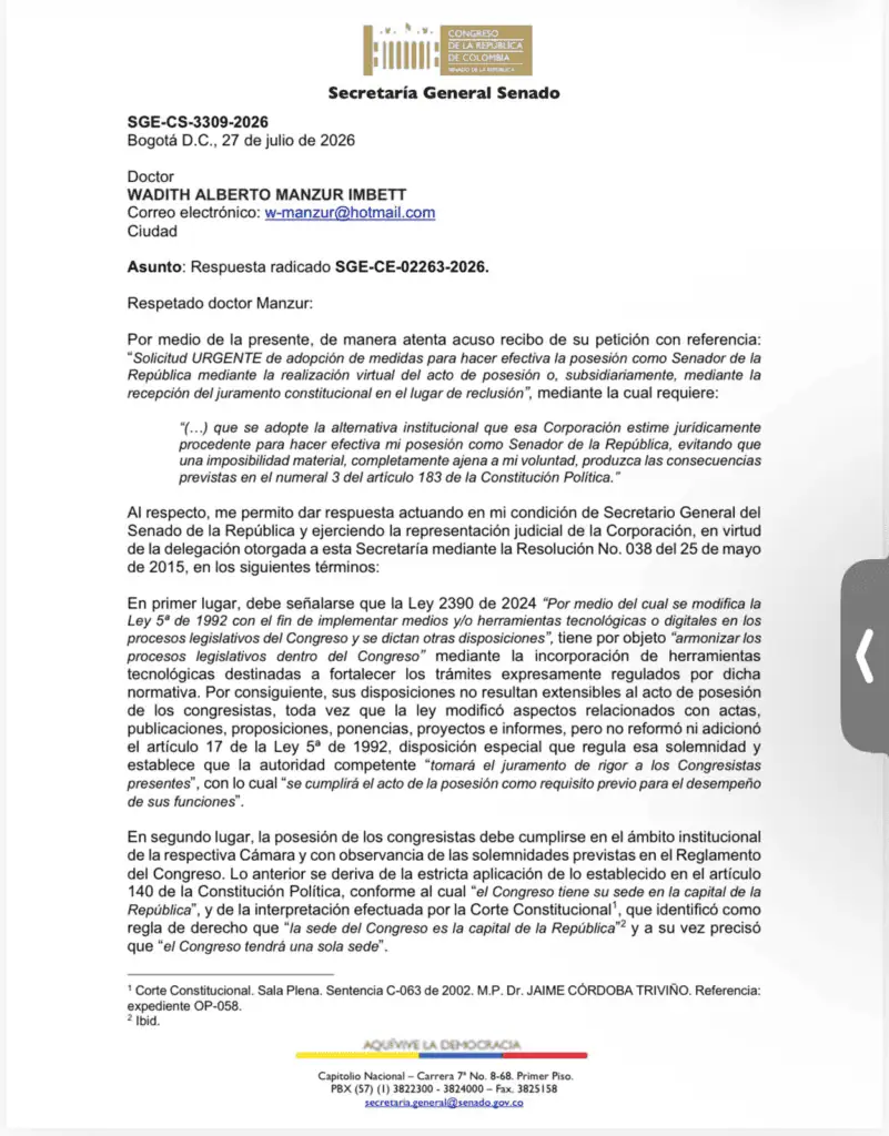 Senado descarta posesión virtual de Wadith Manzur y deja decisión en manos del Consejo de Estado Carta a Wadith Manzur