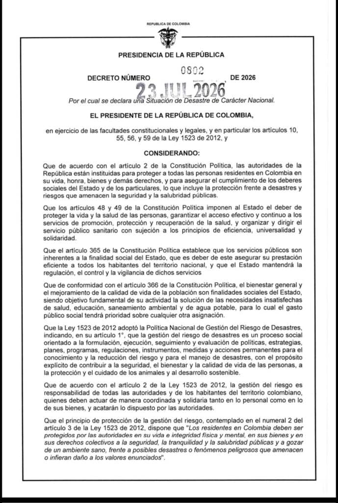 Decreto 0802 2026 Detalles del nuevo decreto del Gobierno Petro sobre el desastre nacional por El Niño: crean una bolsa exclusiva de recursos