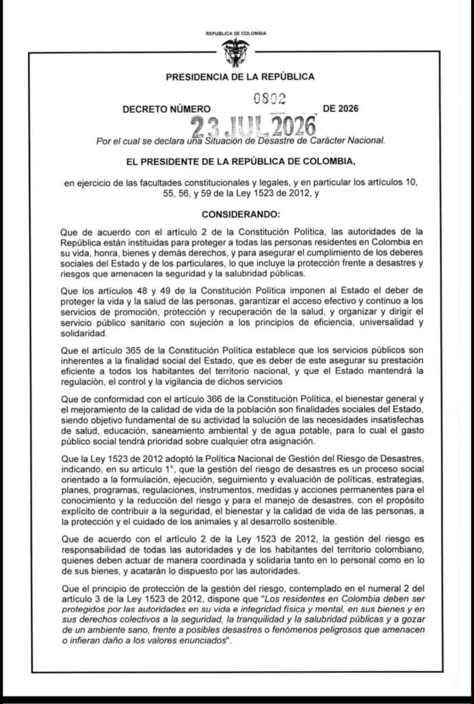 Decreto 0802 2026 Detalles del nuevo decreto del Gobierno Petro sobre el desastre nacional por El Niño: crean una bolsa exclusiva de recursos