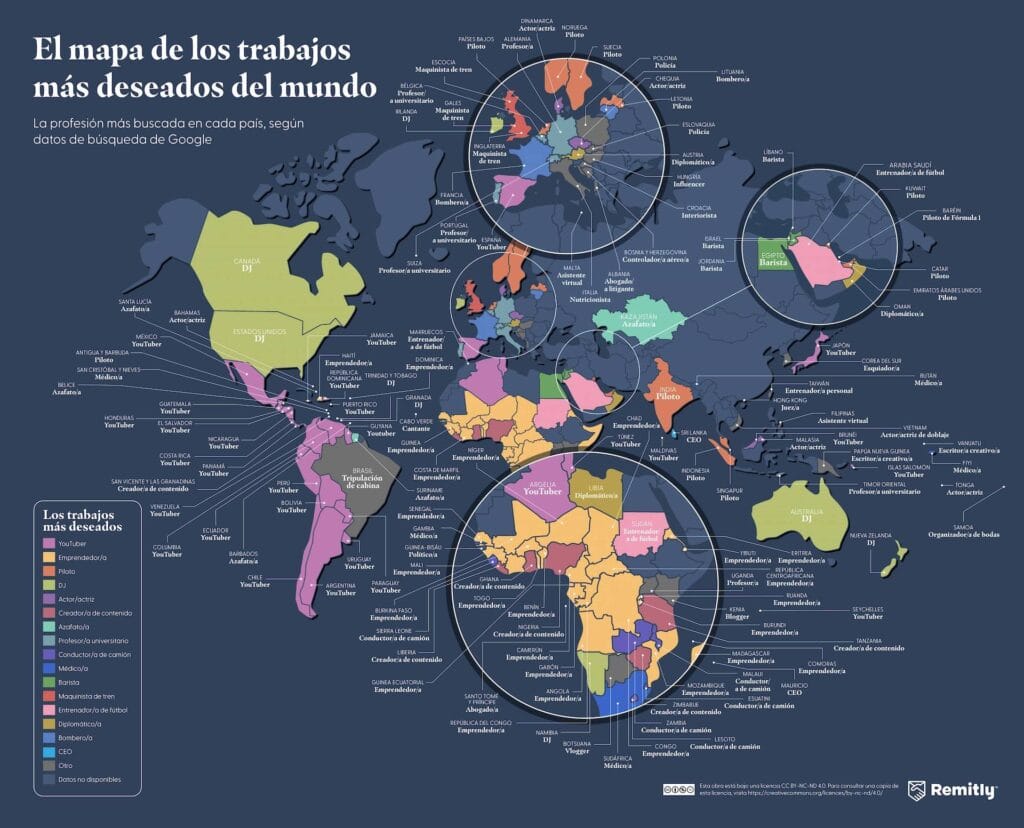 Mapa trabajos más deseados del Mundo Ni médico ni abogado: este es el trabajo que más sueñan tener los colombianos
