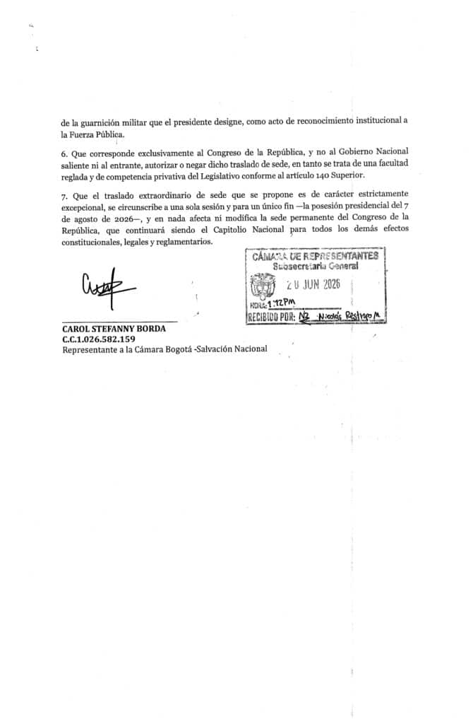 Proposición posesión 2 Esta es la proposición oficial para que Abelardo de la Espriella se posesione en guarnición militar: Congreso decidirá
