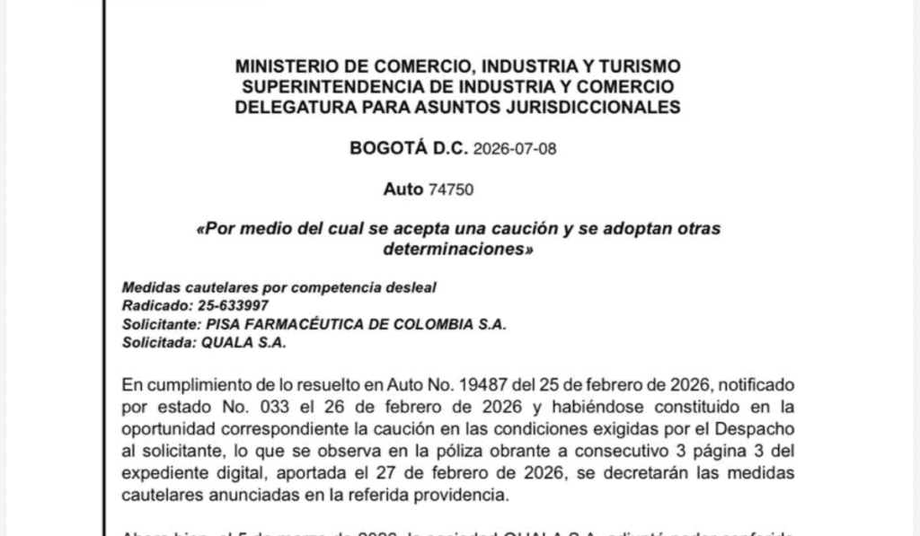 Ahora | Ordenan suspender venta de Hidralyte en Colombia: SIC protege la marca Electrolit Auto 74750 del 8 de julio de 2026.