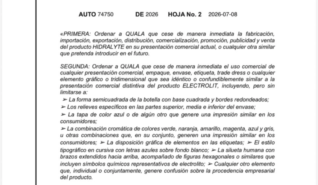 Ahora | Ordenan suspender venta de Hidralyte en Colombia: SIC protege la marca Electrolit Auto 74750 del 8 de julio de 2026.