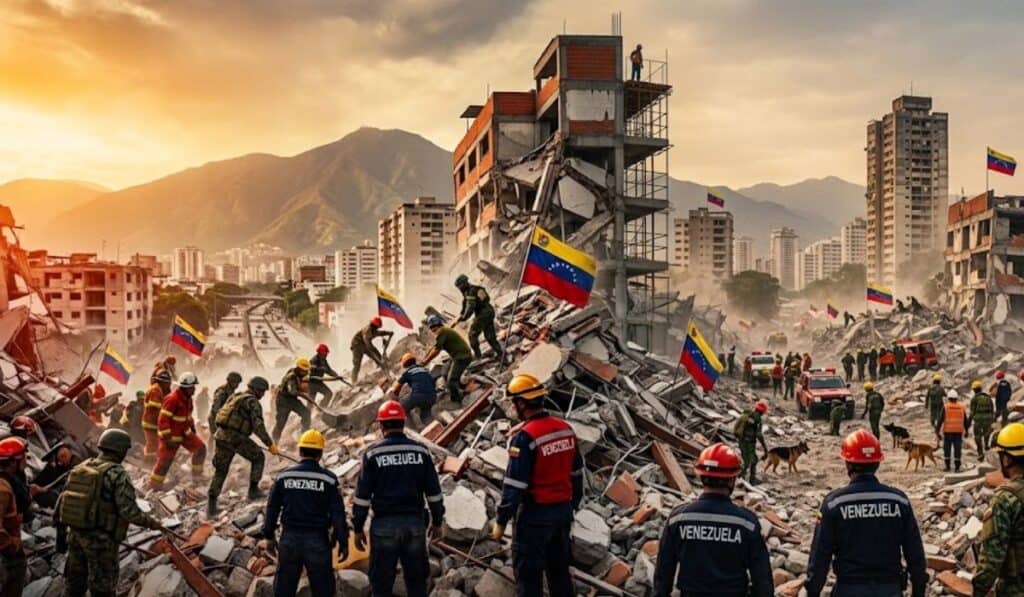Inside Venezuela | Un minuto de sismos, años de recuperación: los efectos en la economía de Venezuela La emergencia por el terremoto movilizó a organismos del Estado, voluntarios y brigadas internacionales. Imagen generada en Gemini.