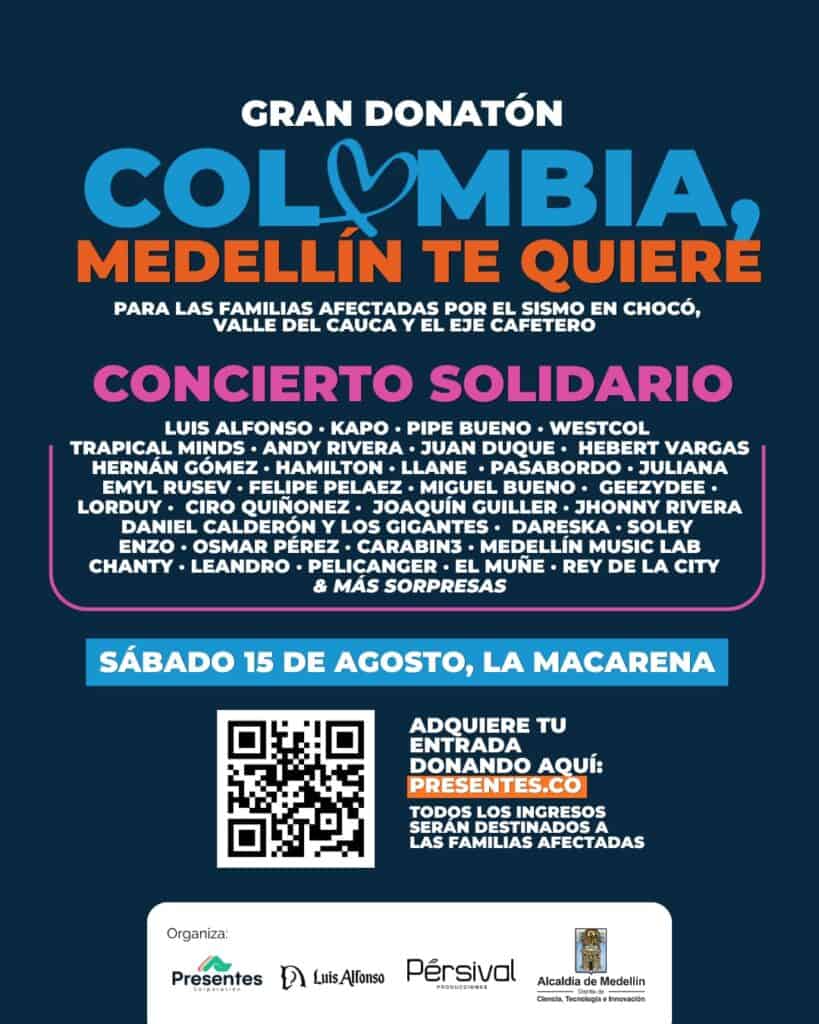 Medellín se une con concierto solidario para ayudar a familias afectadas por el terremoto Concierto en Medellín para familias de dagnificados por terremoto