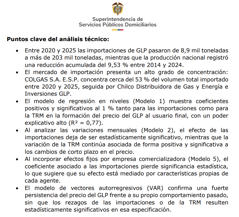 Colgas concentró 53 % de las importaciones de GLP entre 2020 y 2025; compras al exterior del energético aumentaron 112 % Imagen: Superservicios