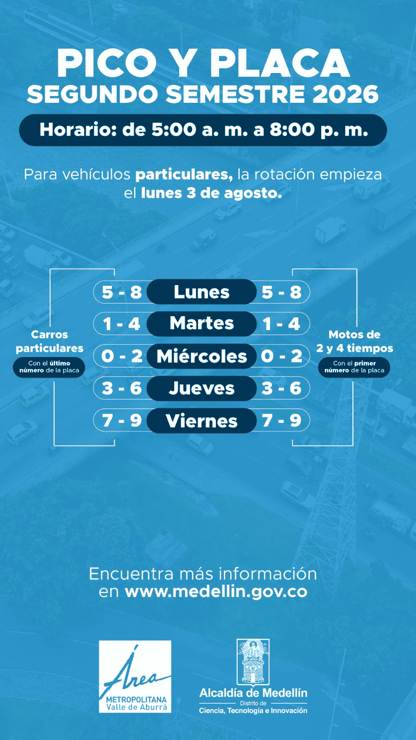 Pico y placa en Medellín: nueva rotación arranca este lunes 3 de agosto Pico y placa en Medellín: nueva rotación arranca este lunes 3 de agosto