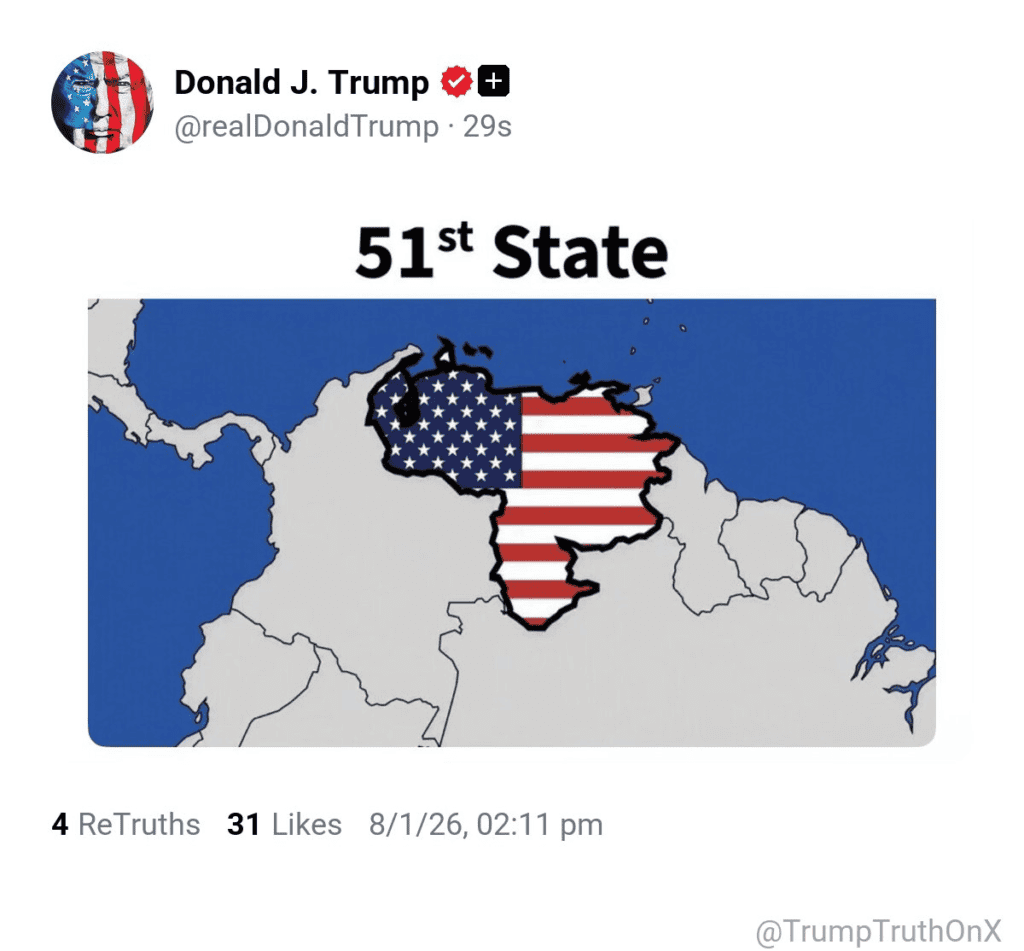 Trump publica el mapa de Venezuela como "estado 51" el día en que arranca la negociación entre gobierno y oposición Trump publica el mapa de Venezuela como "estado 51" el día en que arranca la negociación entre gobierno y oposición