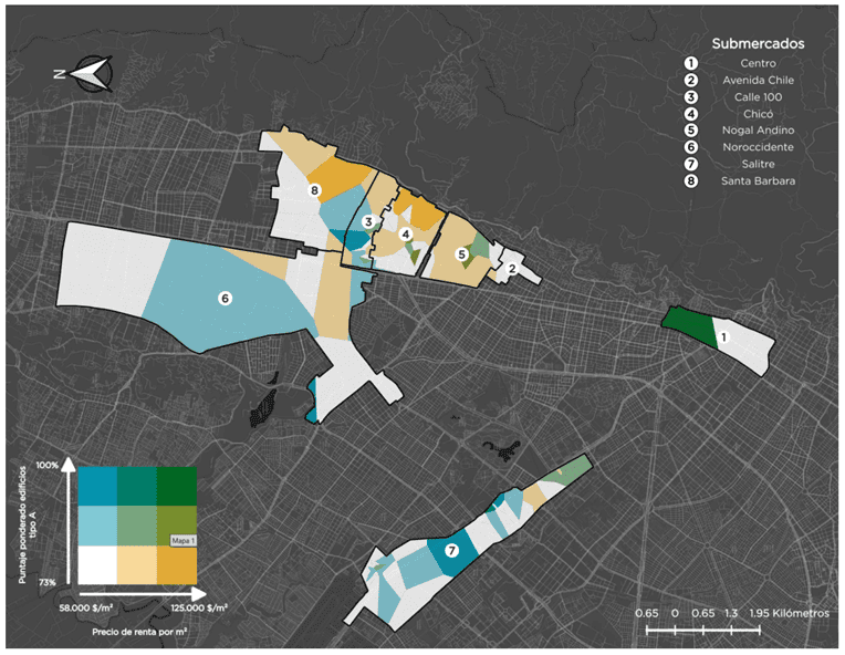 Bogotá tiene ocho veces más oficinas sobre planos que oficinas disponibles: así está el mapa de precios y vacancia Mapa submercado de oficinas en Bogotá. Imagen: Cushman & Wakefield.