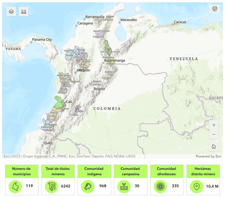 Estos son los 15 territorios a los que se les levantará el veto para proyectos mineros en Colombia Este gráfico comprende los Distros Mineros señalados por la UPME (Unidad de Planeación Minero-Energética), pero en el proyecto de resolución del Ministerio no están contemplados todas las zonas indicadas, por ejemplo Marmato (Caldas). Imagen: UPME