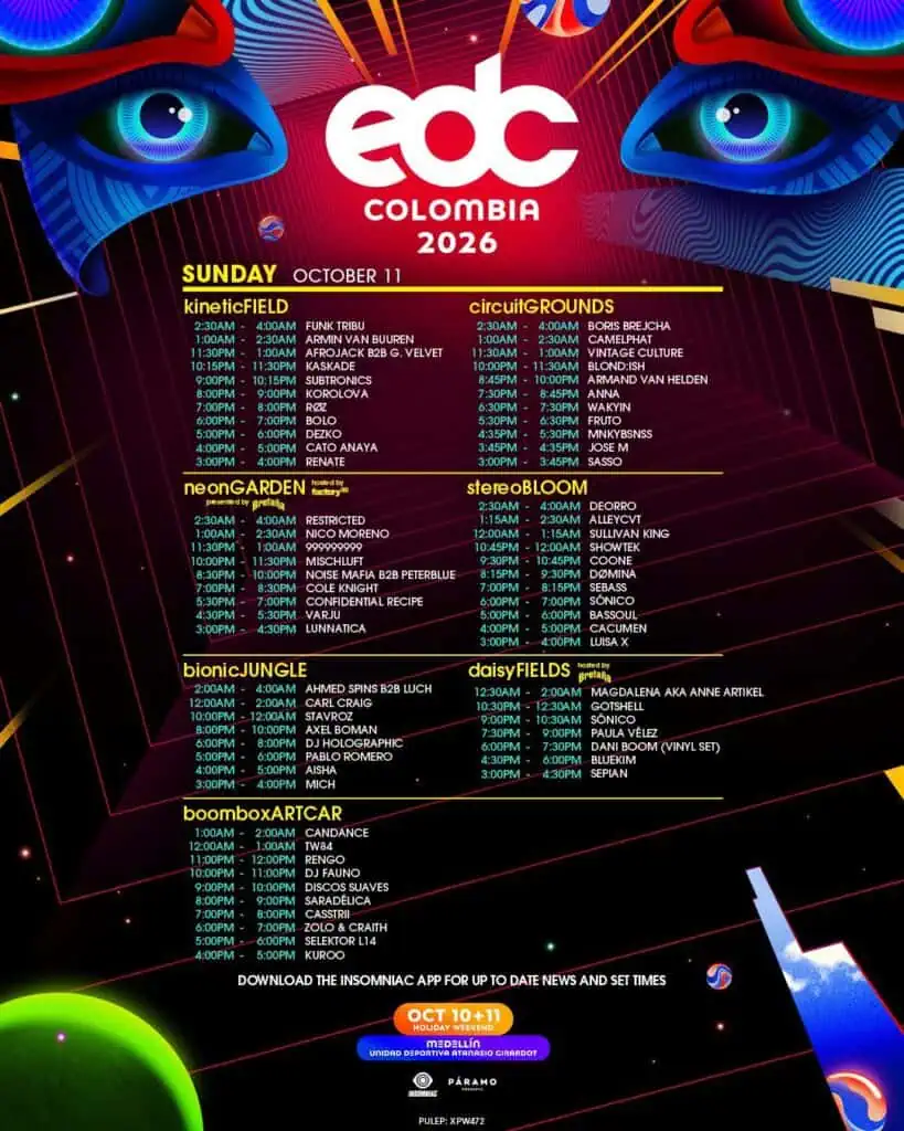 Festival EDC de música electrónica dejaría una derrama económica de US$37 millones a Medellín Horarios segundo día del festival. Foto: coresía Insomniac
