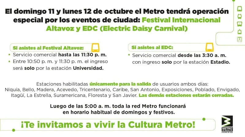 Metro de Medellín anuncia operación especial durante el EDC y Festival Altavoz: así será la extensión de horario Operación especial del Metro de Medellín