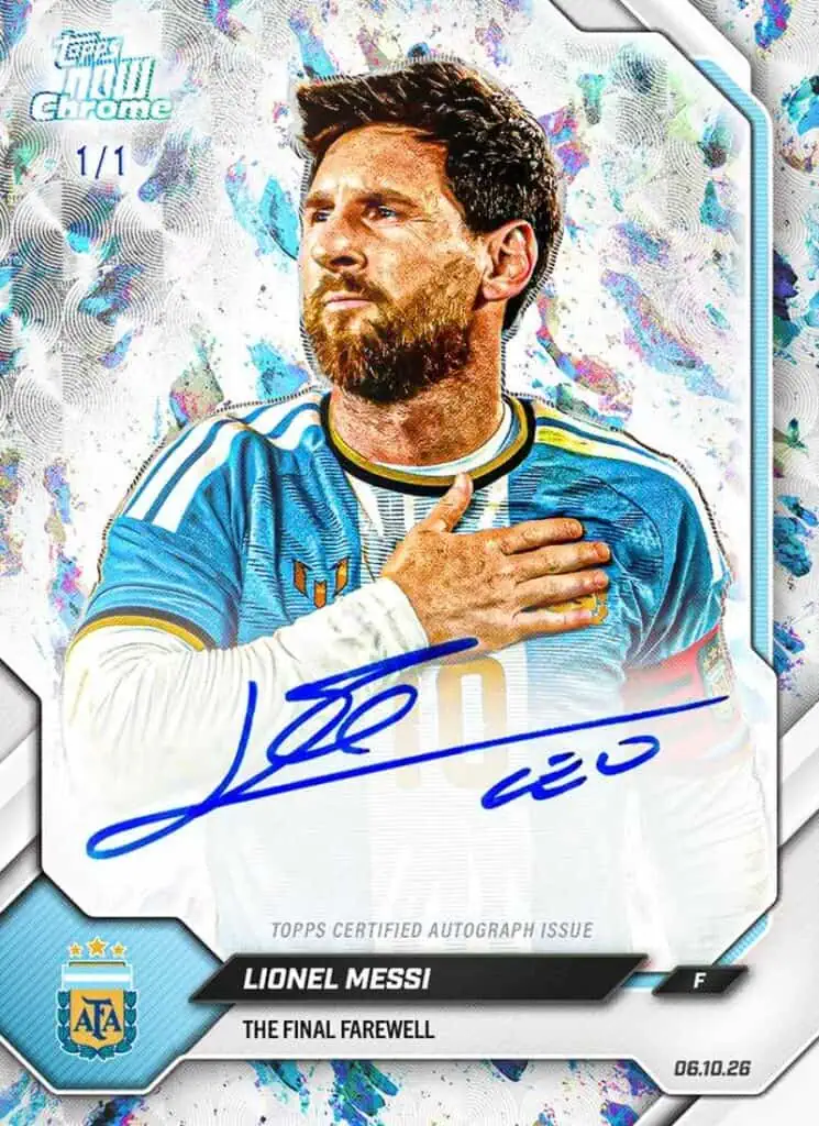 Una tarjeta de colección de Messi rompió récord histórico en ventas Tarjeta especial autografiada de Lionel Messi, perteneciente a la colección Final Farewell de Topps NOW.