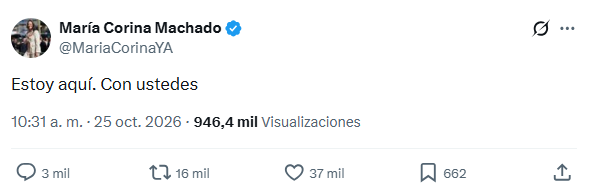 María Corina Machado anunció su regreso a Venezuela a través de su cuenta en X. 