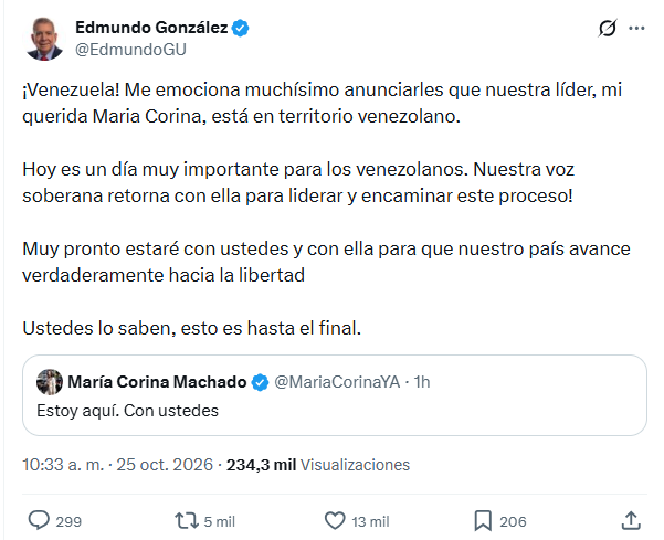 Edmundo González se pronunció sobre el regreso de Machado a través de su cuenta en X.